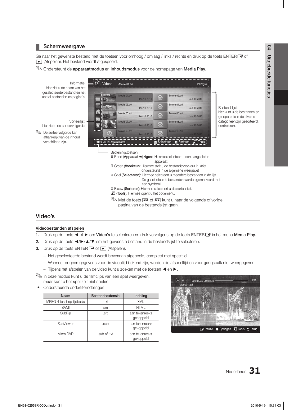 Video’s, Schermweergave | Samsung LE32C650L1W User Manual | Page 187 / 209