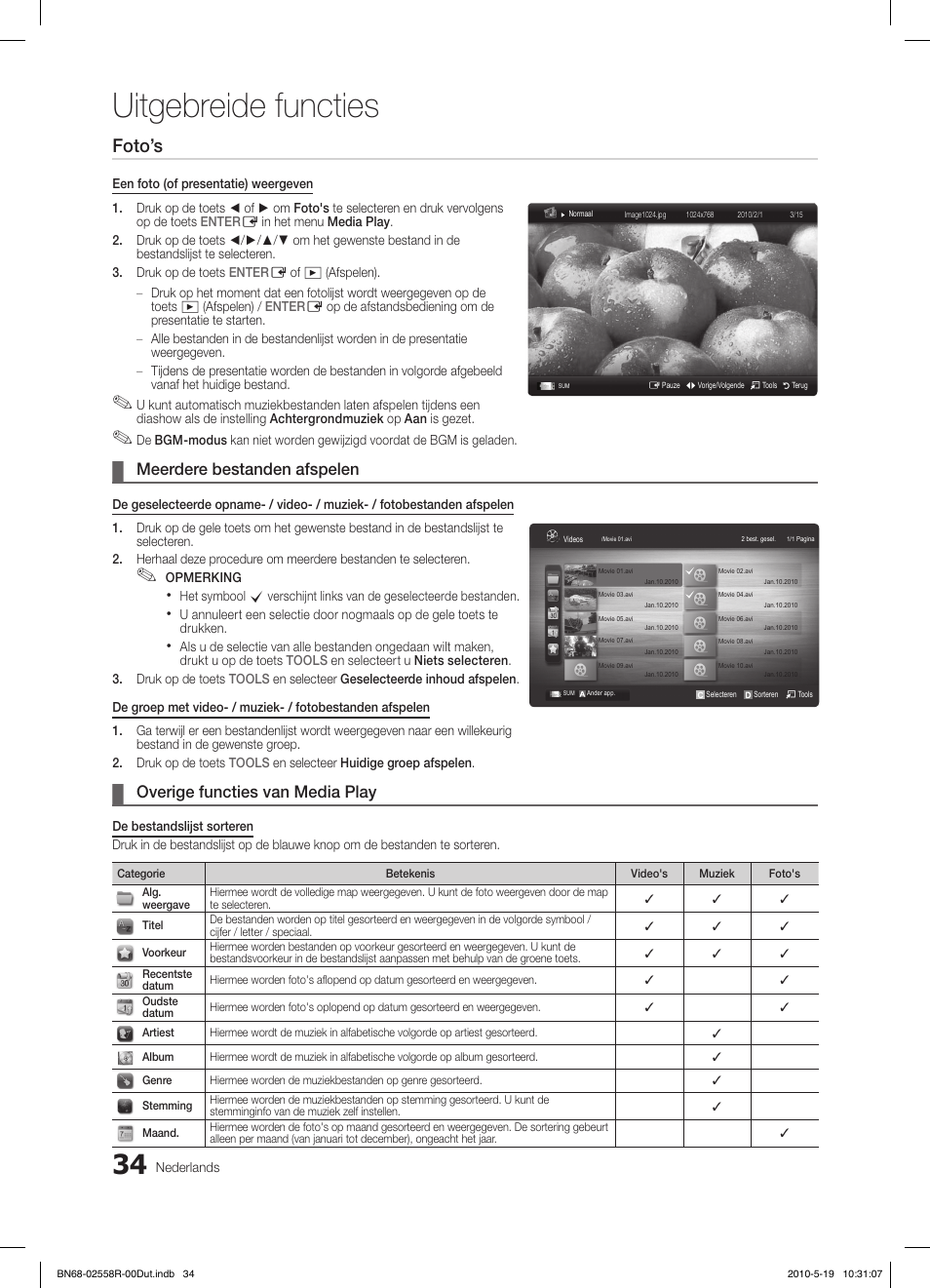 Uitgebreide functies, Foto’s, Meerdere bestanden afspelen | Overige functies van media play | Samsung LE32C650L1W User Manual | Page 190 / 209