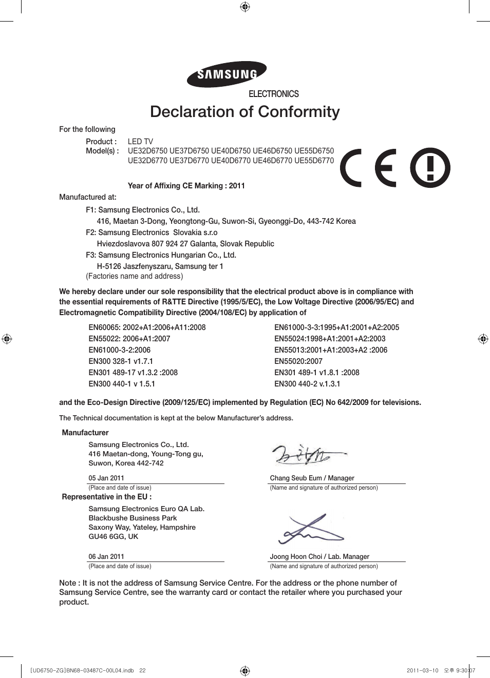 Declaration of conformity, Electronics | Samsung UE37D6770WS User Manual | Page 22 / 86