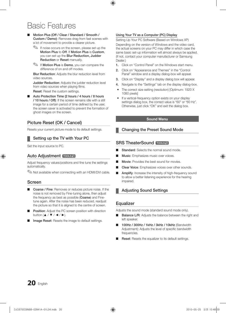 Sound menu, Basic features, Picture reset (ok / cancel) | Auto adjustment, Screen, Srs theatersound, Equalizer | Samsung UE37C6730US User Manual | Page 20 / 241