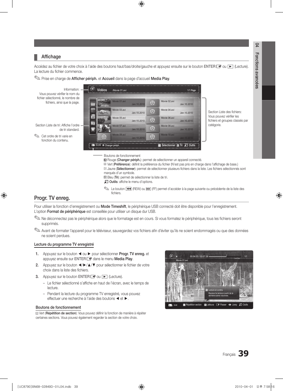 Progr. tv enreg, Affichage | Samsung UE46C8790XZ User Manual | Page 103 / 258