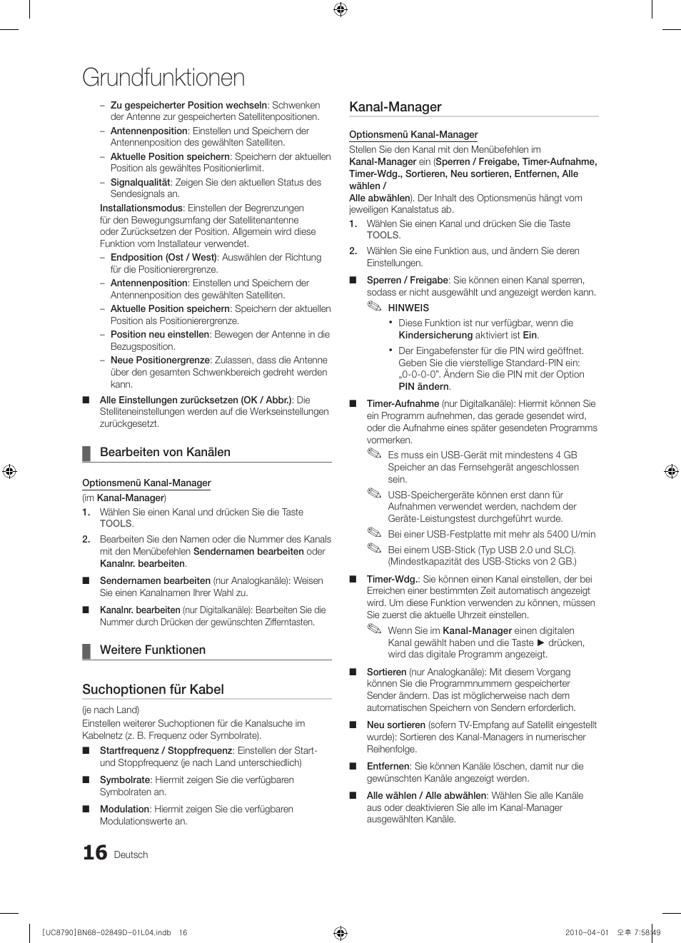 Grundfunktionen, Suchoptionen für kabel, Kanal-manager | Samsung UE46C8790XZ User Manual | Page 144 / 258