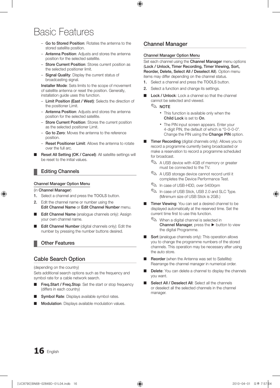 Basic features, Cable search option, Channel manager | Samsung UE46C8790XZ User Manual | Page 16 / 258
