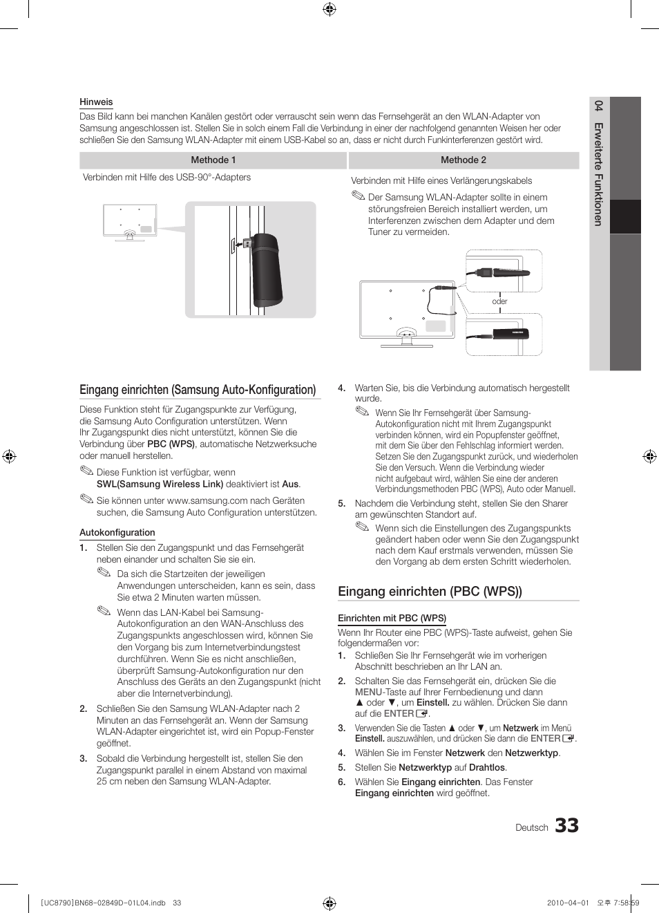 Eingang einrichten (samsung auto-konfiguration), Eingang einrichten (pbc (wps)) | Samsung UE46C8790XZ User Manual | Page 161 / 258