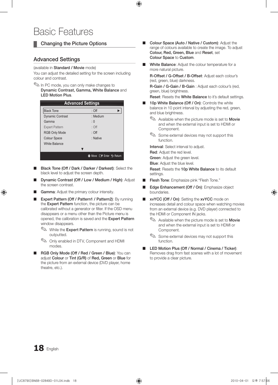 Basic features, Advanced settings | Samsung UE46C8790XZ User Manual | Page 18 / 258