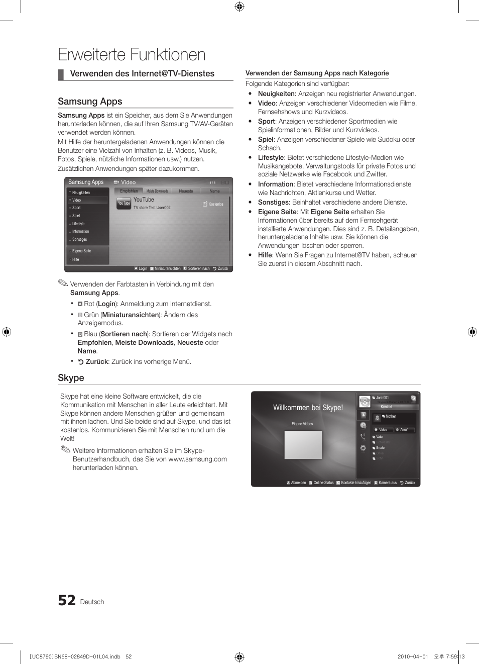 Erweiterte funktionen, Samsung apps, Skype | Verwenden des internet@tv-dienstes | Samsung UE46C8790XZ User Manual | Page 180 / 258