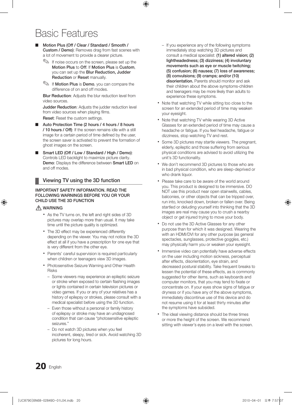 Basic features | Samsung UE46C8790XZ User Manual | Page 20 / 258