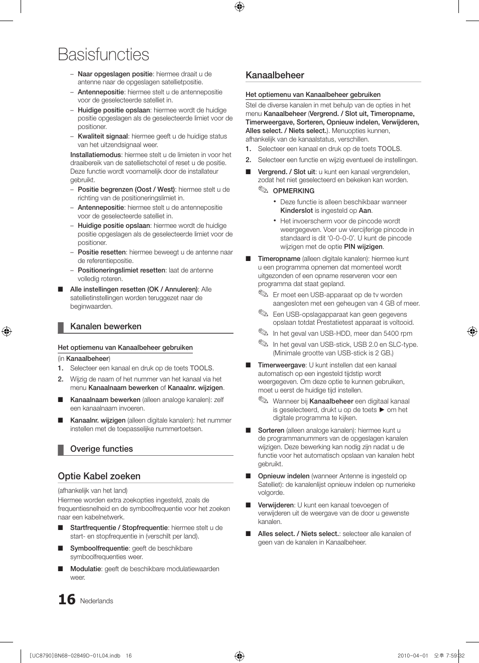 Basisfuncties, Optie kabel zoeken, Kanaalbeheer | Samsung UE46C8790XZ User Manual | Page 208 / 258