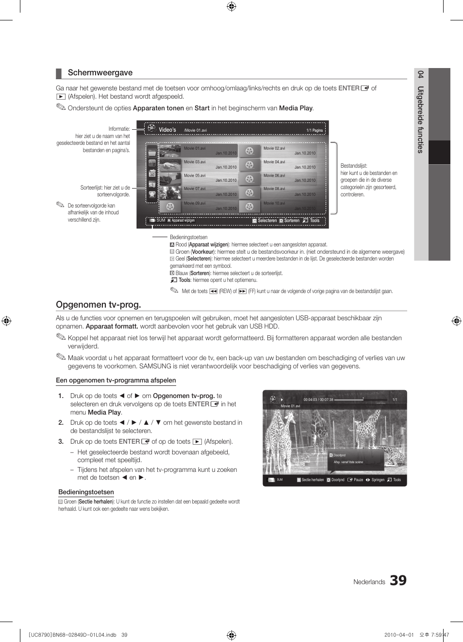 Opgenomen tv-prog, Schermweergave | Samsung UE46C8790XZ User Manual | Page 231 / 258