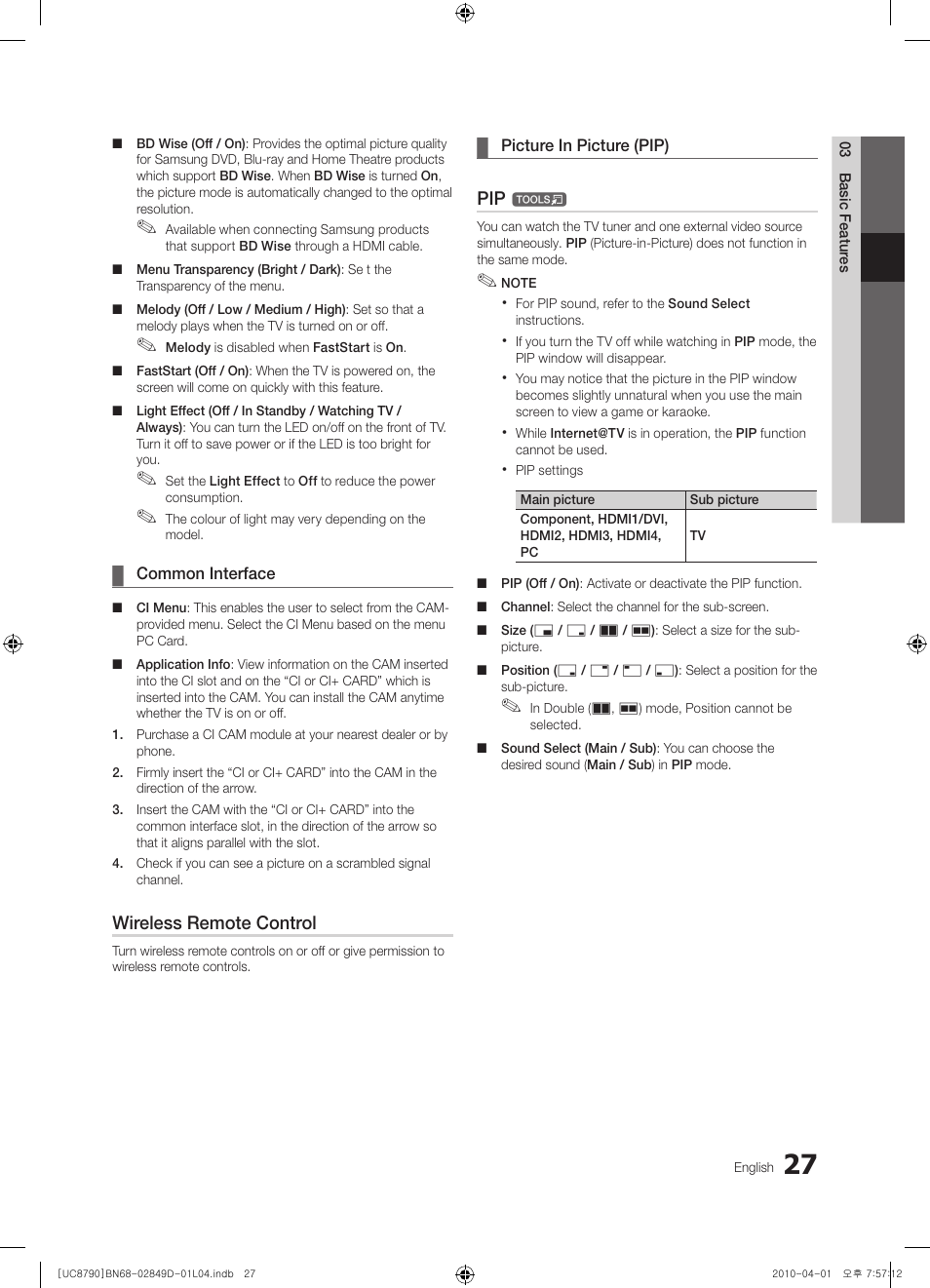 Wireless remote control | Samsung UE46C8790XZ User Manual | Page 27 / 258