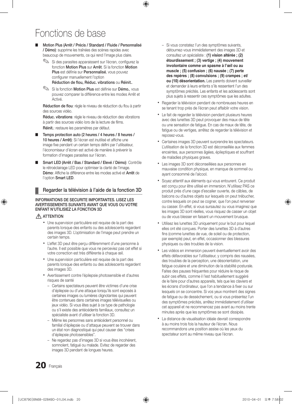 Fonctions de base | Samsung UE46C8790XZ User Manual | Page 84 / 258