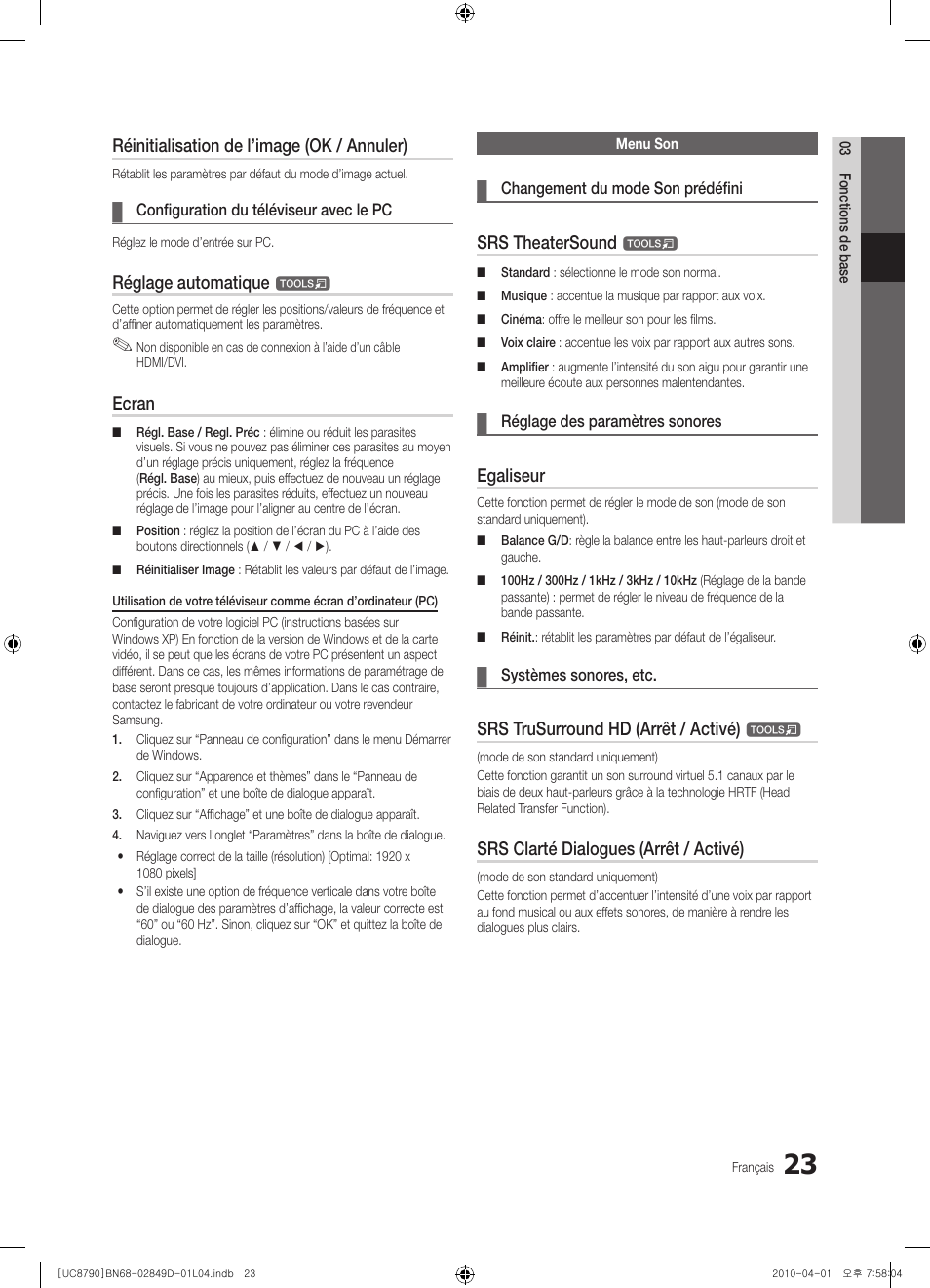 Réinitialisation de l’image (ok / annuler), Réglage automatique, Ecran | Srs theatersound, Egaliseur, Srs trusurround hd (arrêt / activé), Srs clarté dialogues (arrêt / activé) | Samsung UE46C8790XZ User Manual | Page 87 / 258
