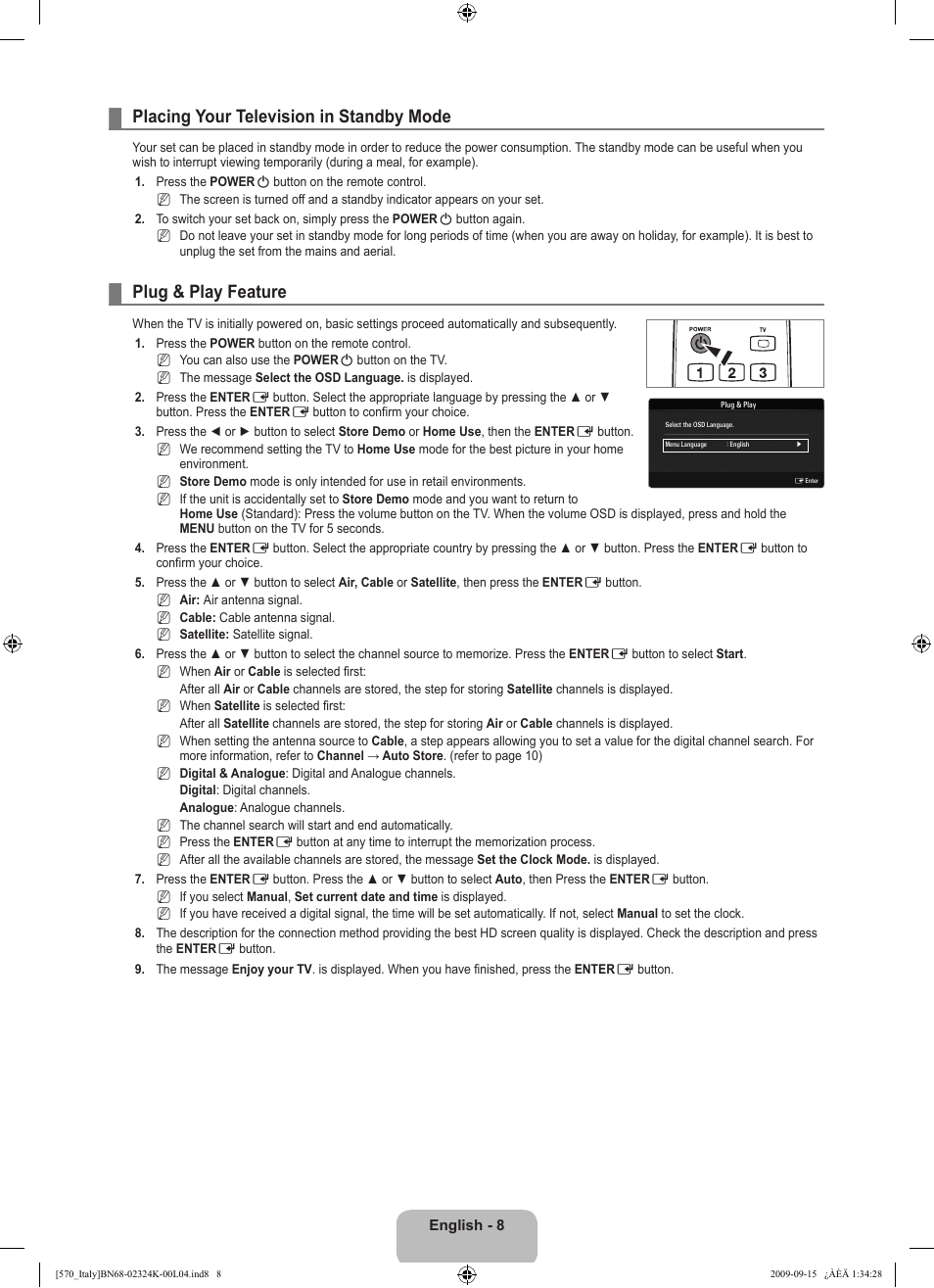 Placing your television in standby mode, Plug & play feature | Samsung LE46B579A5S User Manual | Page 10 / 221