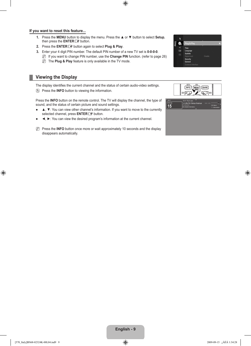 Viewing the display, English - 9 if you want to reset this feature | Samsung LE46B579A5S User Manual | Page 11 / 221
