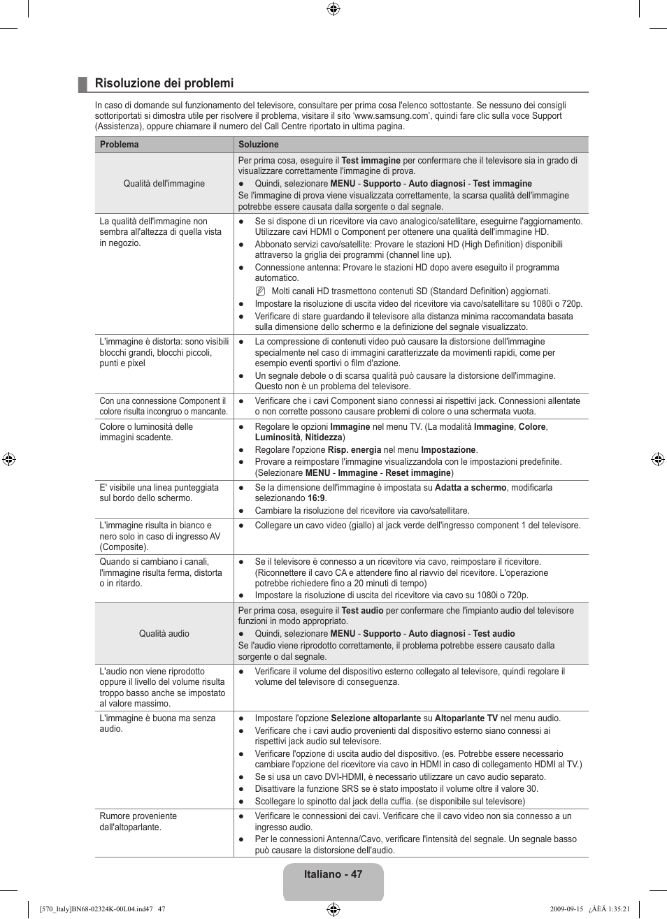 Risoluzione dei problemi | Samsung LE46B579A5S User Manual | Page 113 / 221
