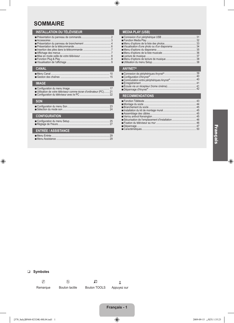Sommaire, Fr ançais | Samsung LE46B579A5S User Manual | Page 119 / 221