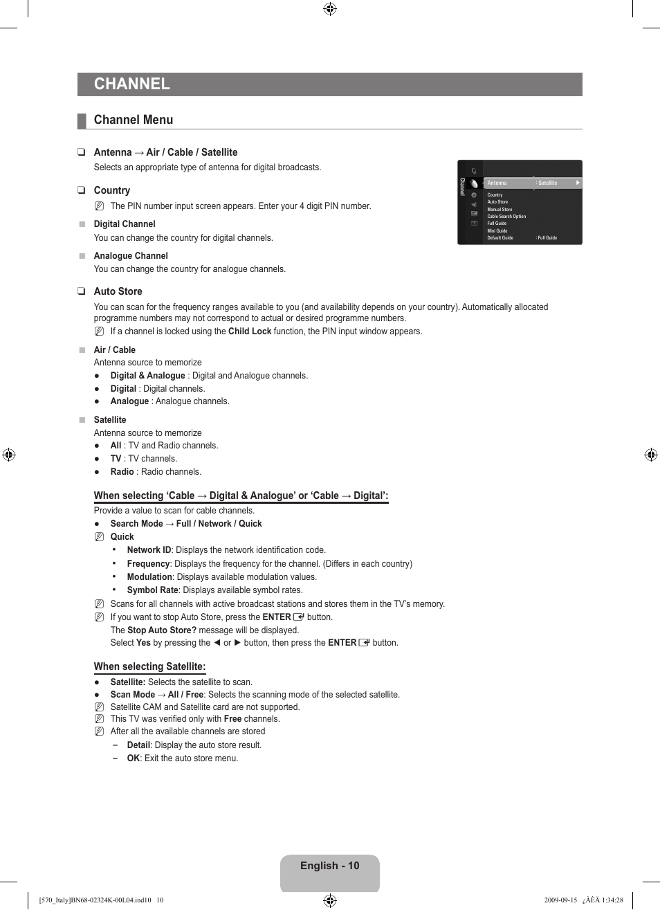 Channel, Channel menu | Samsung LE46B579A5S User Manual | Page 12 / 221