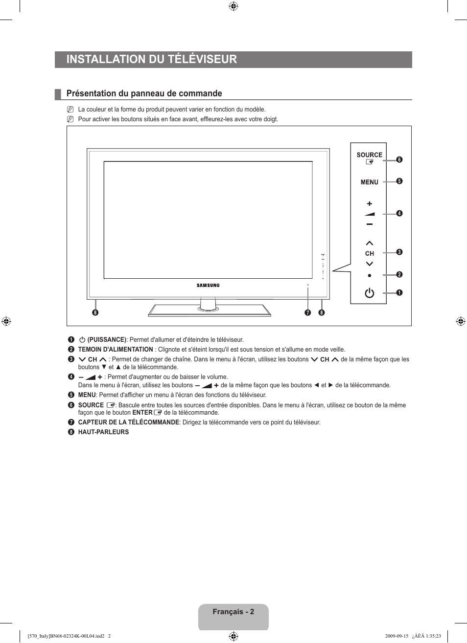 Installation du téléviseur, Présentation du panneau de commande | Samsung LE46B579A5S User Manual | Page 120 / 221