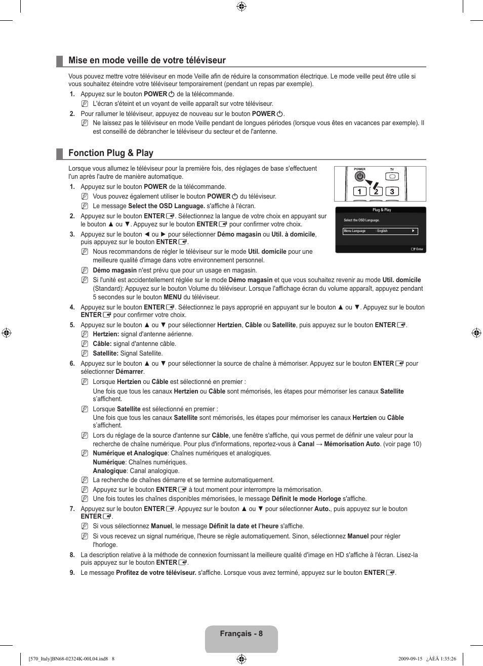 Mise en mode veille de votre téléviseur, Fonction plug & play | Samsung LE46B579A5S User Manual | Page 126 / 221