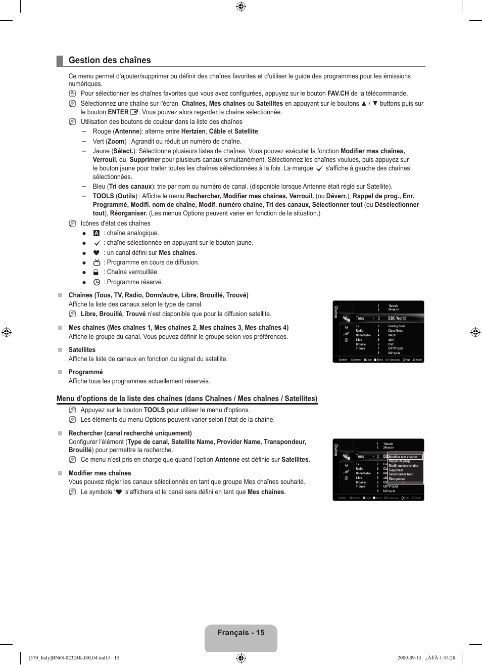 Gestion des chaînes, Français - 15, O n n      n | Samsung LE46B579A5S User Manual | Page 133 / 221