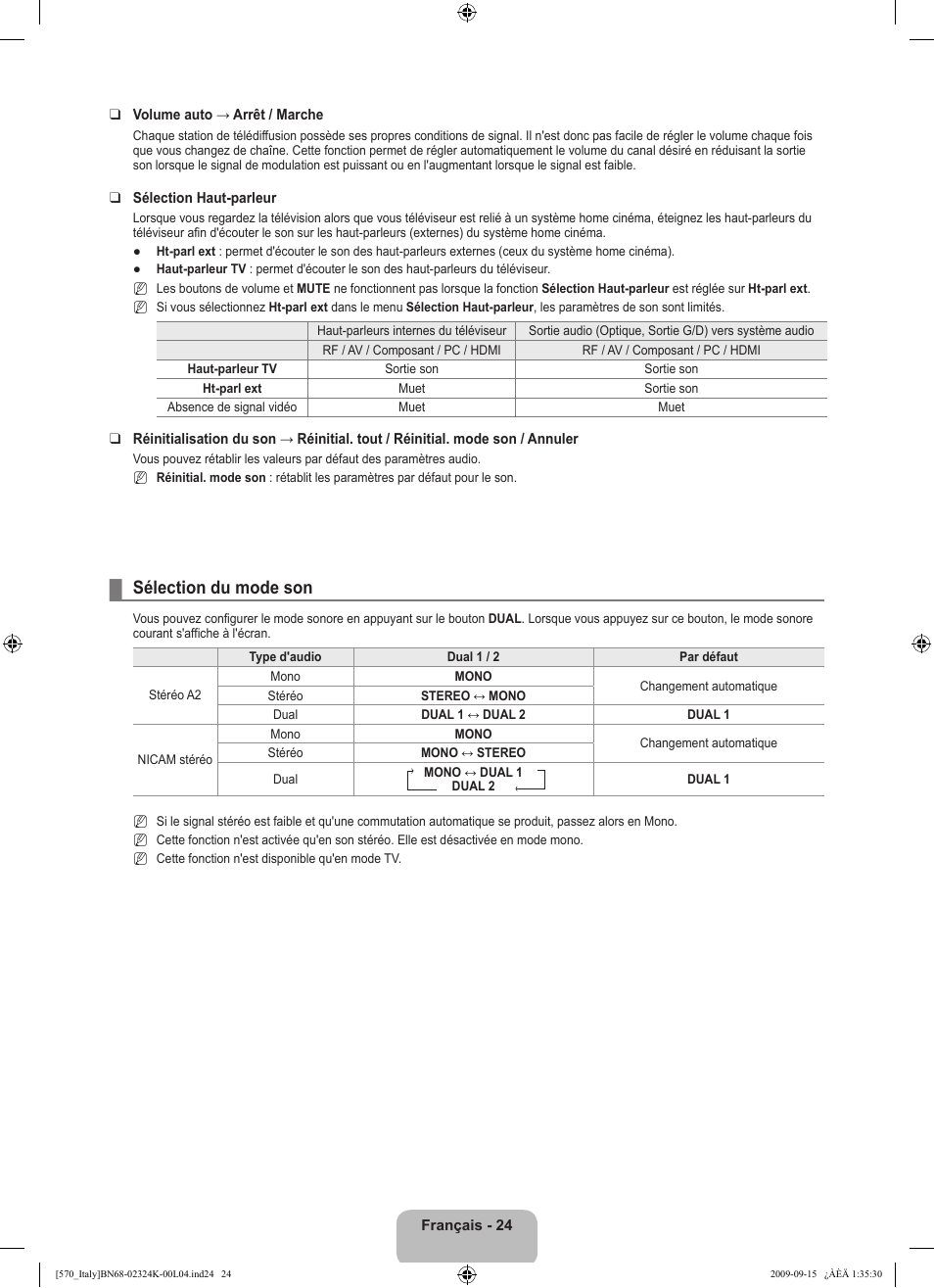Sélection du mode son | Samsung LE46B579A5S User Manual | Page 142 / 221