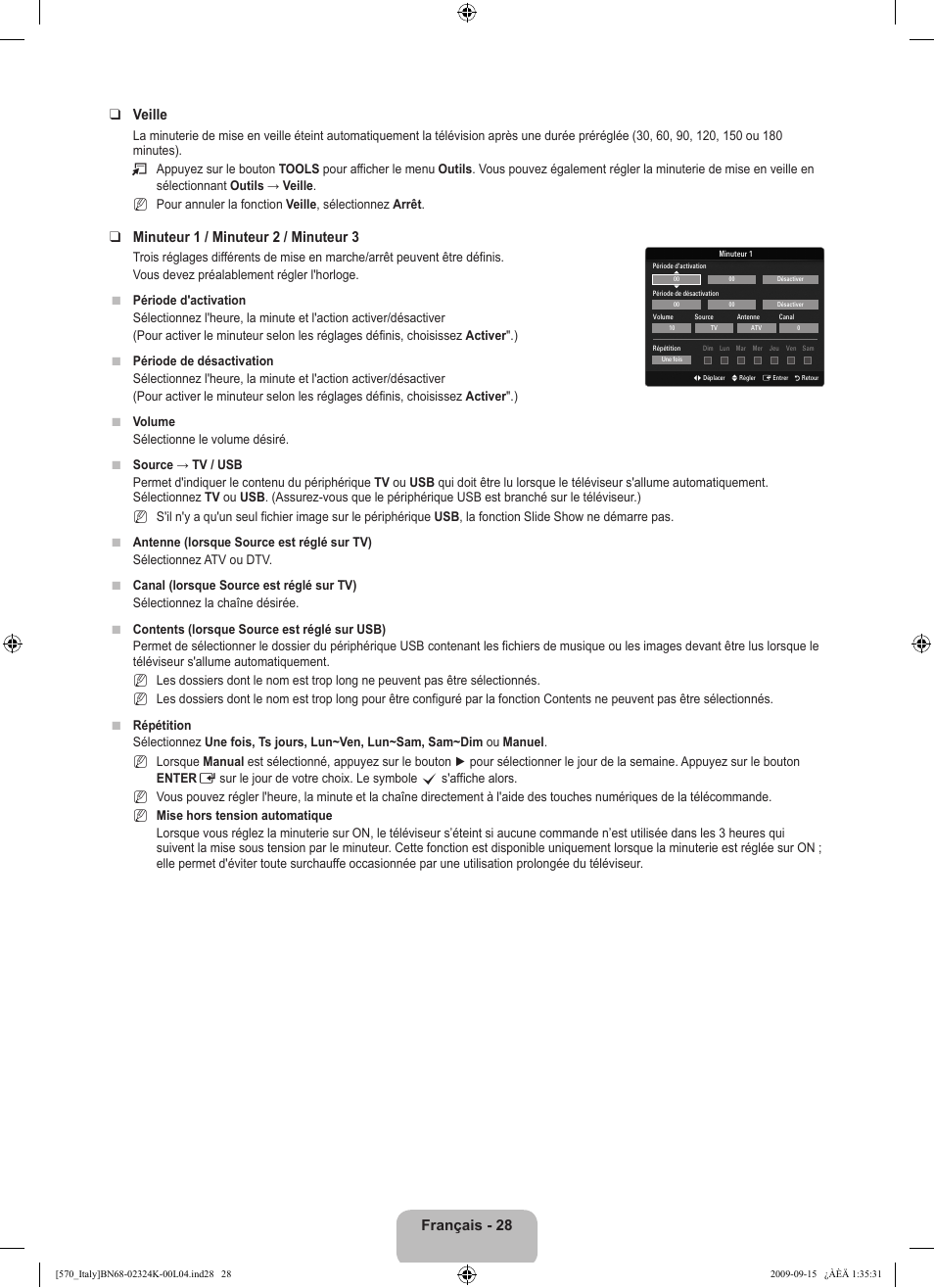 Français - 2 veille, Minuteur 1 / minuteur 2 / minuteur 3 | Samsung LE46B579A5S User Manual | Page 146 / 221