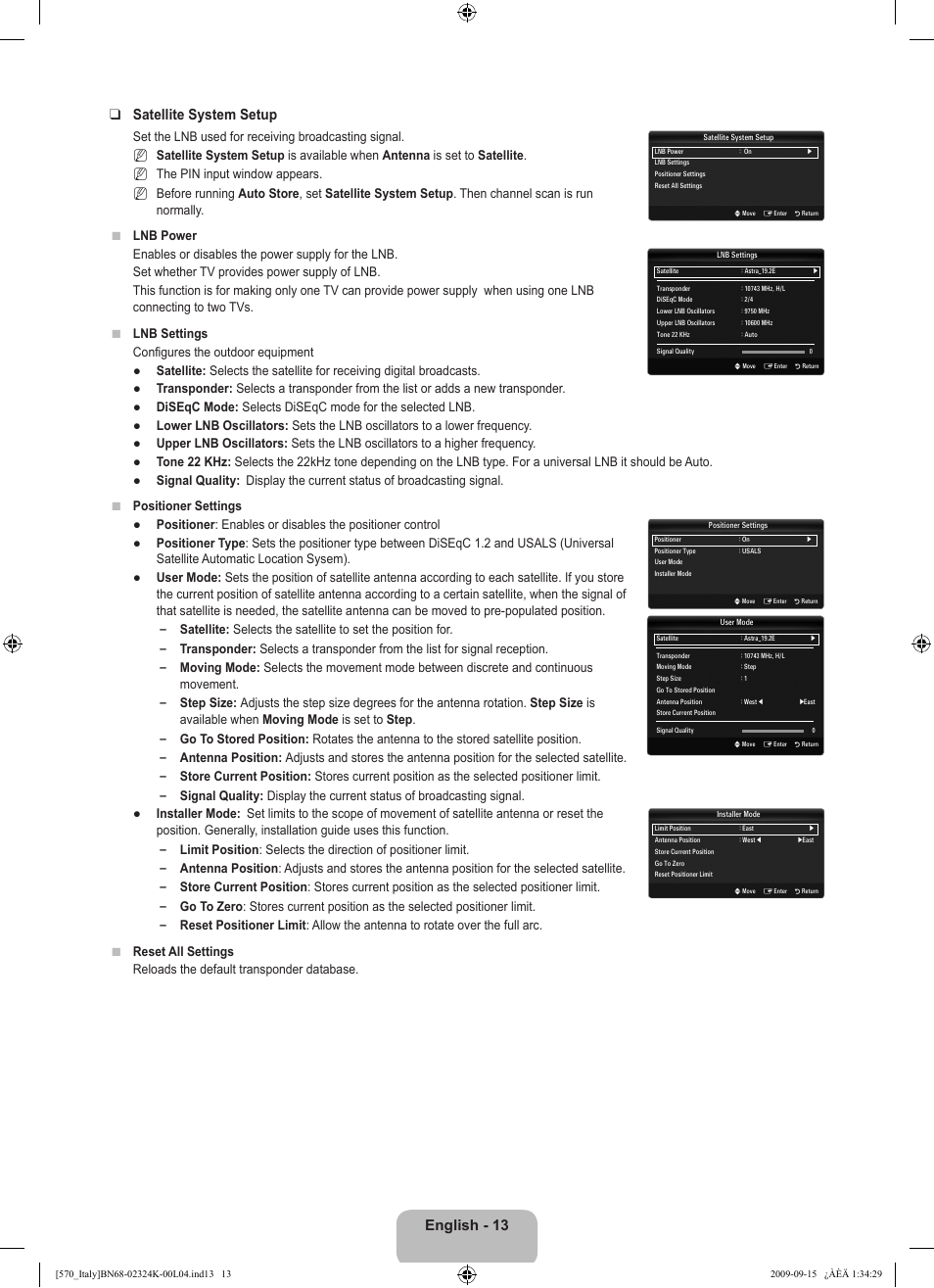 English - 13 satellite system setup, N n n | Samsung LE46B579A5S User Manual | Page 15 / 221