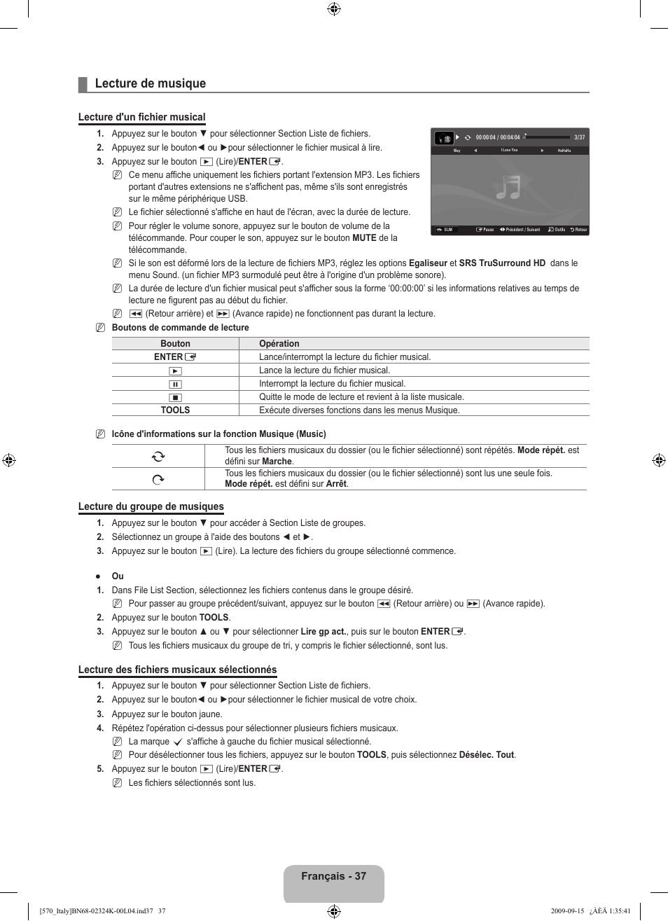 Lecture de musique | Samsung LE46B579A5S User Manual | Page 155 / 221