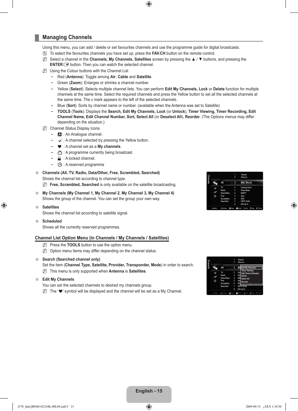 Managing channels, English - 15, O n n      n | Samsung LE46B579A5S User Manual | Page 17 / 221