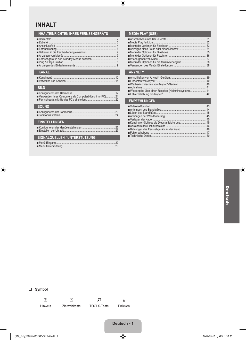 Inhalt, Deutsc h | Samsung LE46B579A5S User Manual | Page 171 / 221
