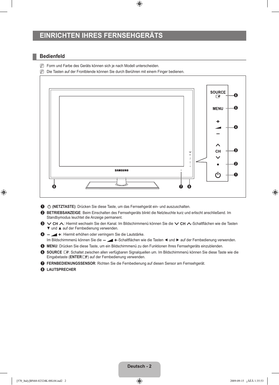 Einrichten ihres fernsehgeräts, Bedienfeld | Samsung LE46B579A5S User Manual | Page 172 / 221