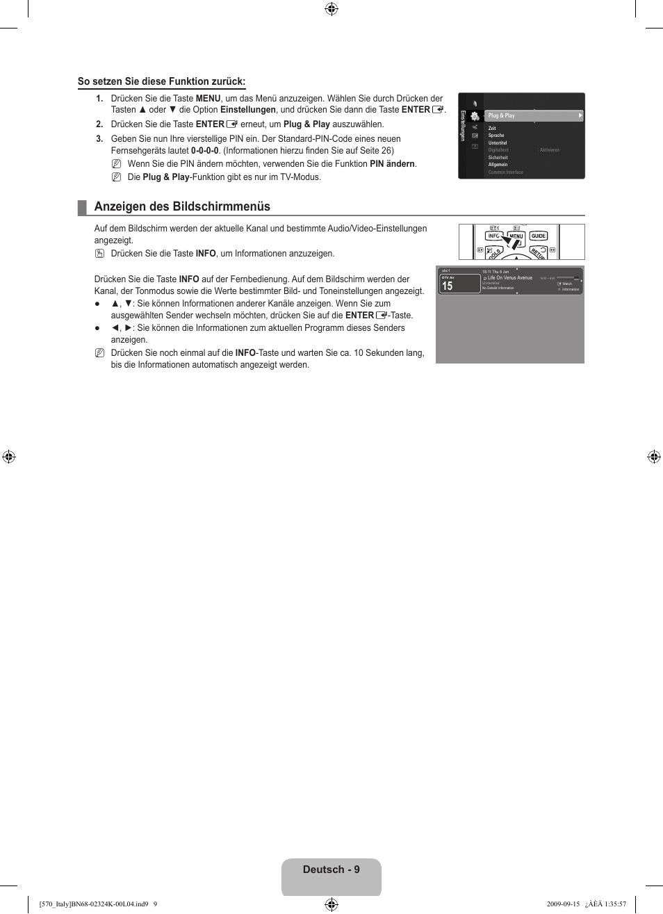 Anzeigen des bildschirmmenüs, Deutsch - 9 so setzen sie diese funktion zurück | Samsung LE46B579A5S User Manual | Page 179 / 221