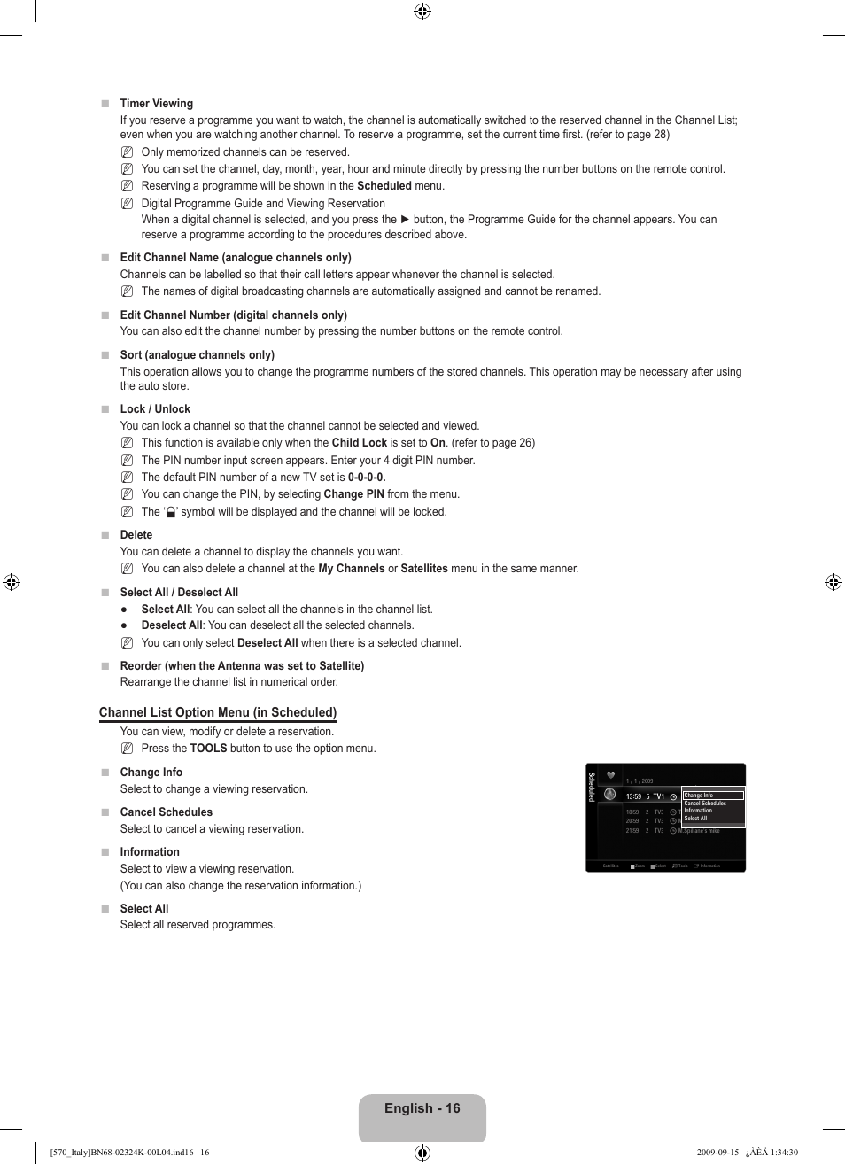 English - 16, Channel list option menu (in scheduled) | Samsung LE46B579A5S User Manual | Page 18 / 221