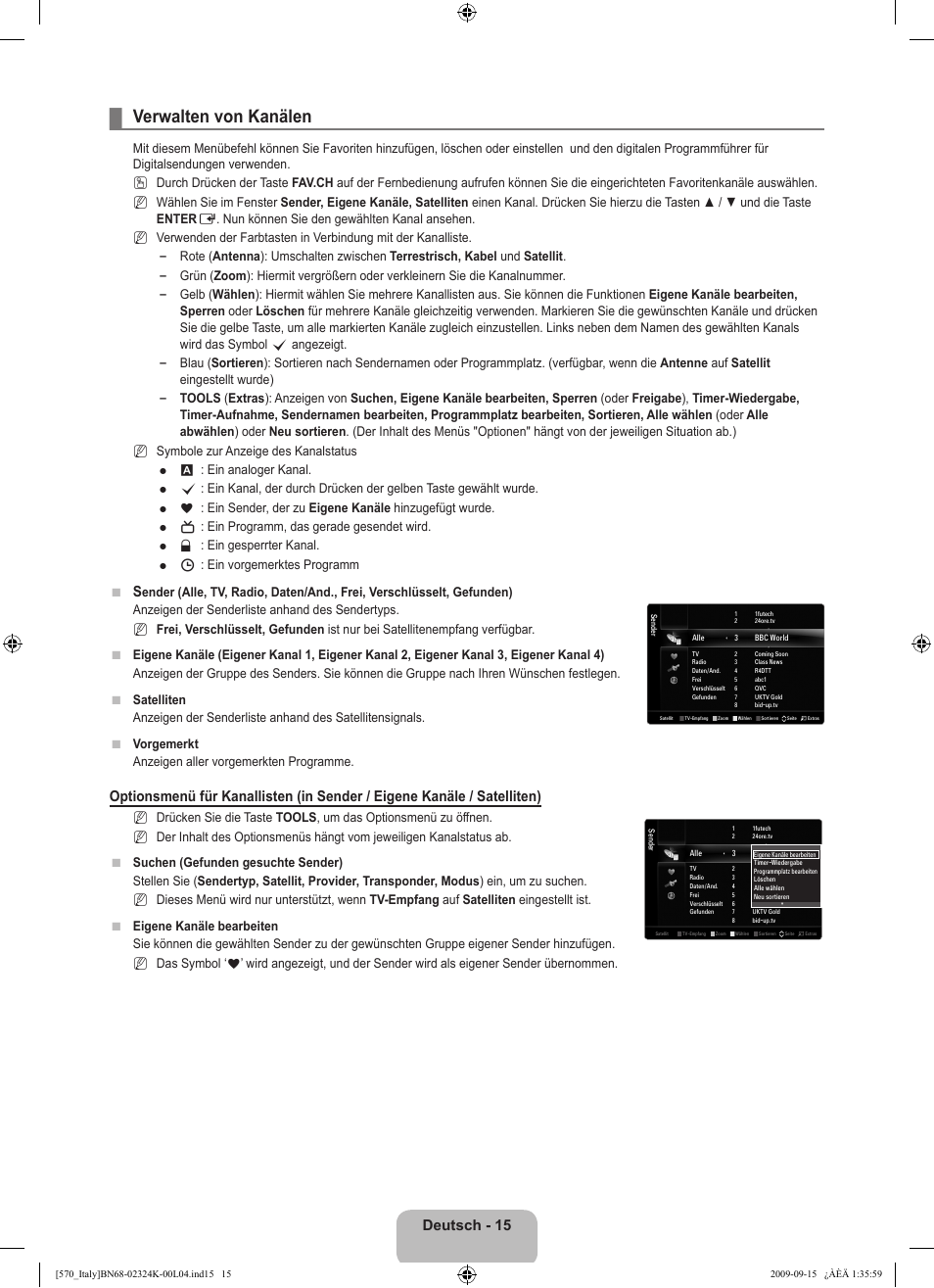 Verwalten von kanälen, Deutsch - 15, O n n      n | Samsung LE46B579A5S User Manual | Page 185 / 221