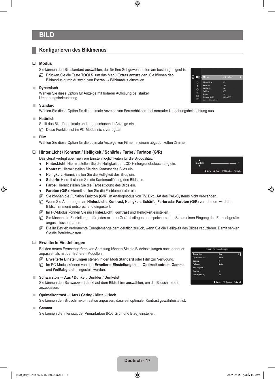 Bild, Konfigurieren des bildmenüs, Deutsch - 1 | Modus, Erweiterte einstellungen | Samsung LE46B579A5S User Manual | Page 187 / 221
