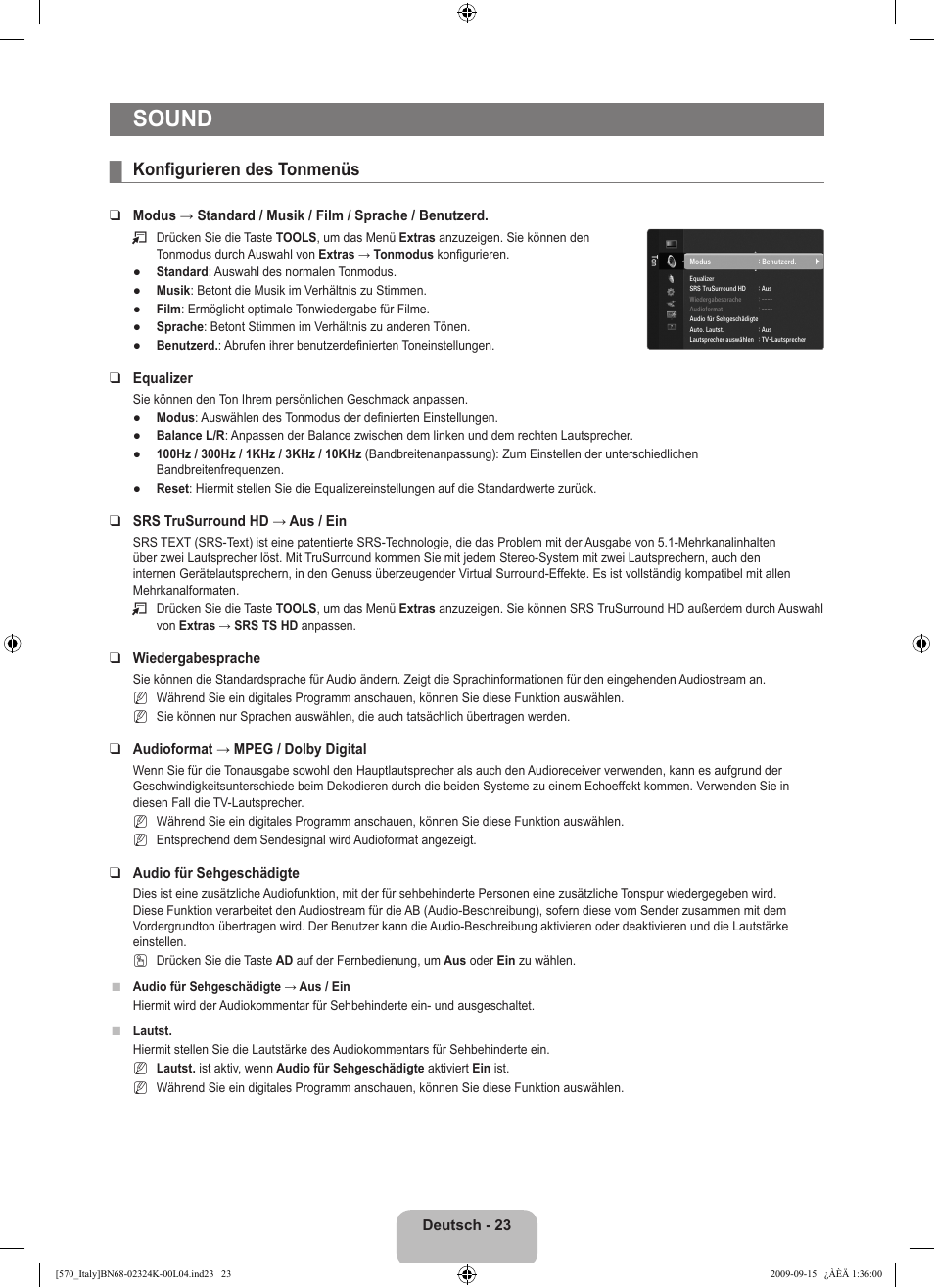 Sound, Konfigurieren des tonmenüs | Samsung LE46B579A5S User Manual | Page 193 / 221