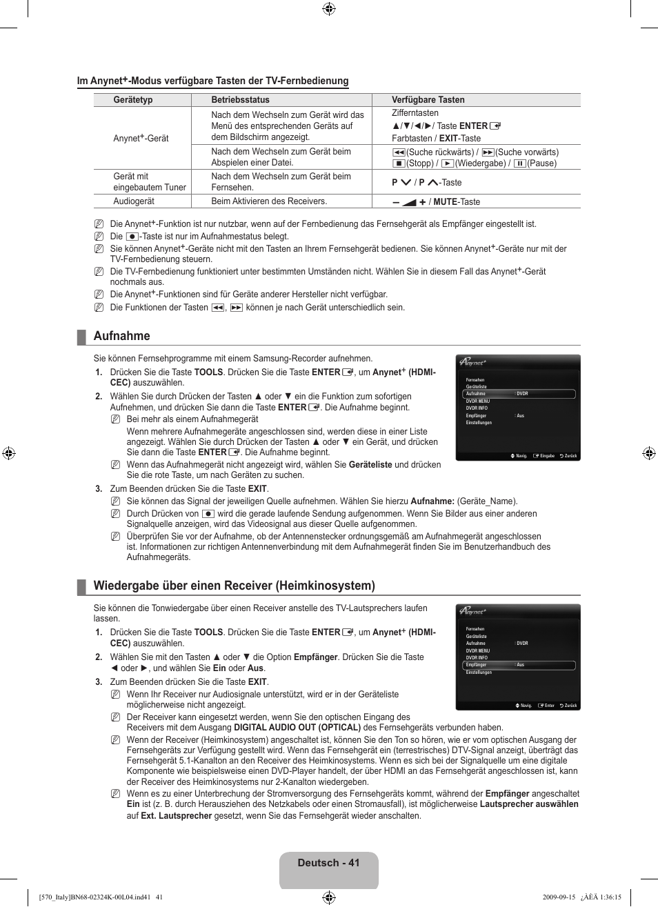 Aufnahme, Wiedergabe über einen receiver (heimkinosystem) | Samsung LE46B579A5S User Manual | Page 211 / 221