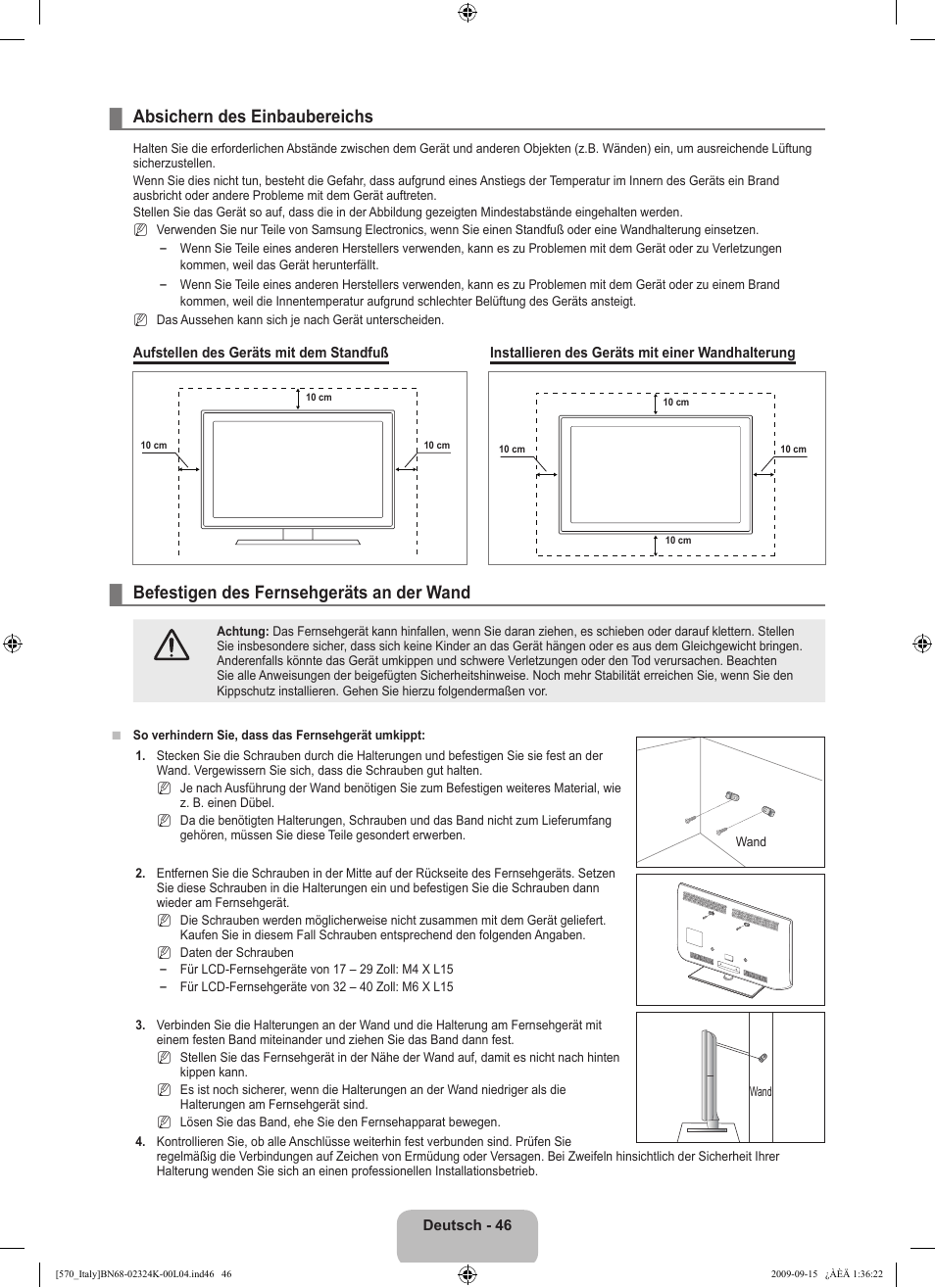 Absichern des einbaubereichs, Befestigen des fernsehgeräts an der wand | Samsung LE46B579A5S User Manual | Page 216 / 221