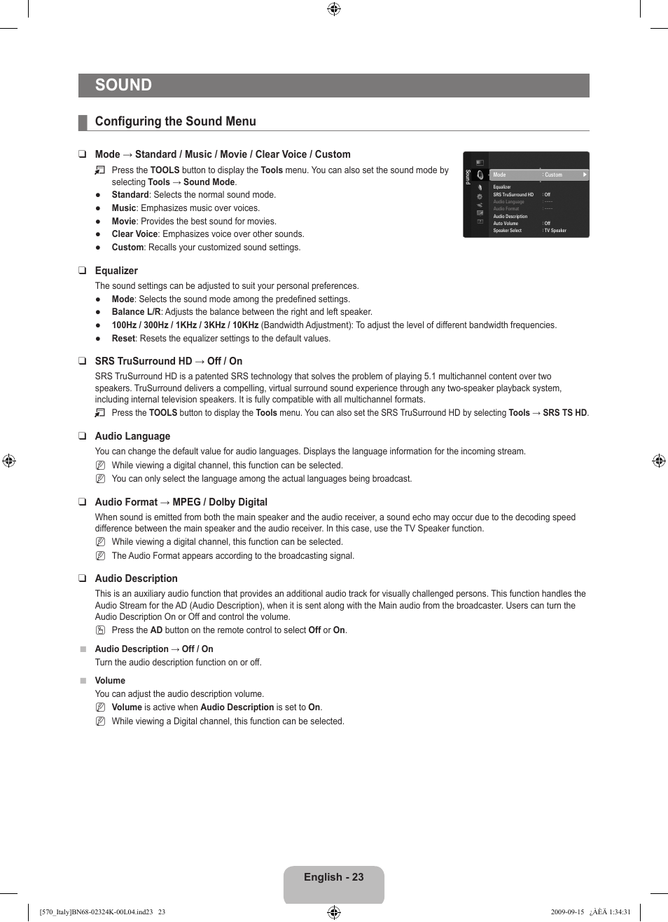 Sound, Configuring the sound menu | Samsung LE46B579A5S User Manual | Page 25 / 221