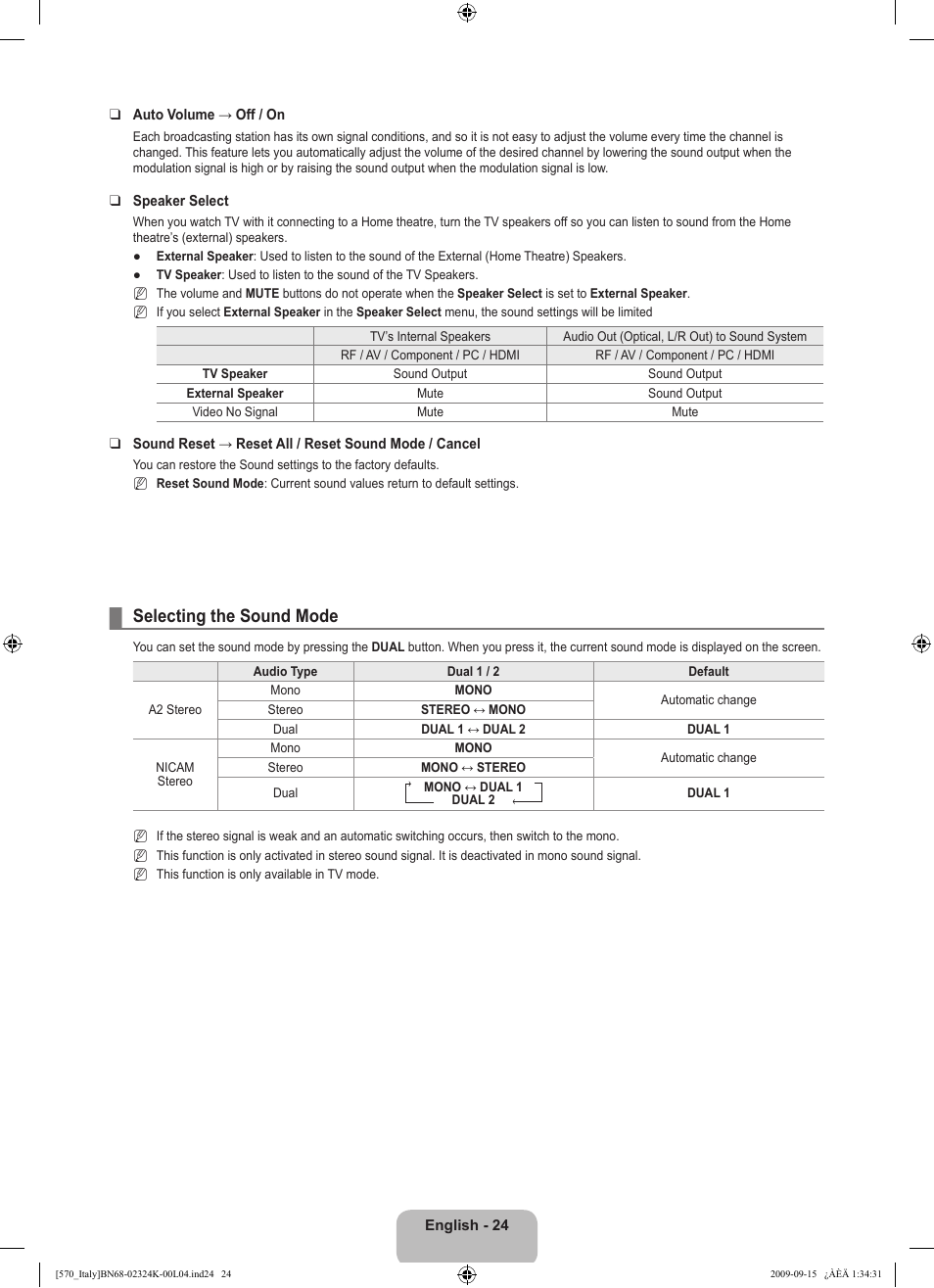 Selecting the sound mode | Samsung LE46B579A5S User Manual | Page 26 / 221