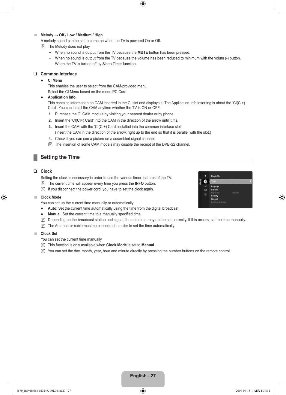 Setting the time | Samsung LE46B579A5S User Manual | Page 29 / 221