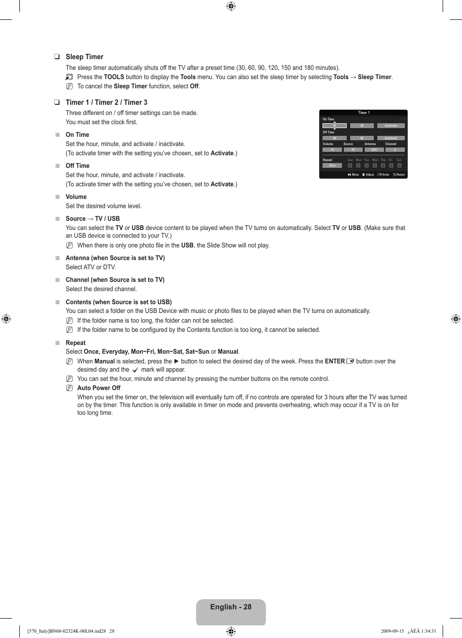 English - 2 sleep timer, Timer 1 / timer 2 / timer 3 | Samsung LE46B579A5S User Manual | Page 30 / 221
