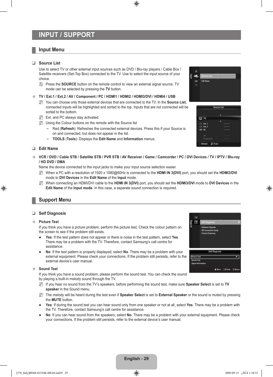 Input / support, Input menu, Support menu | Samsung LE46B579A5S User Manual | Page 31 / 221