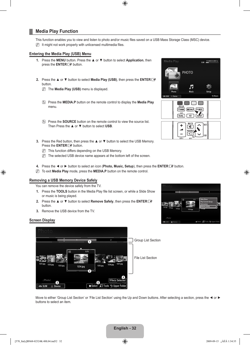 Media play function, English - 32, Entering the media play (usb) menu | Screen display, Photo | Samsung LE46B579A5S User Manual | Page 34 / 221