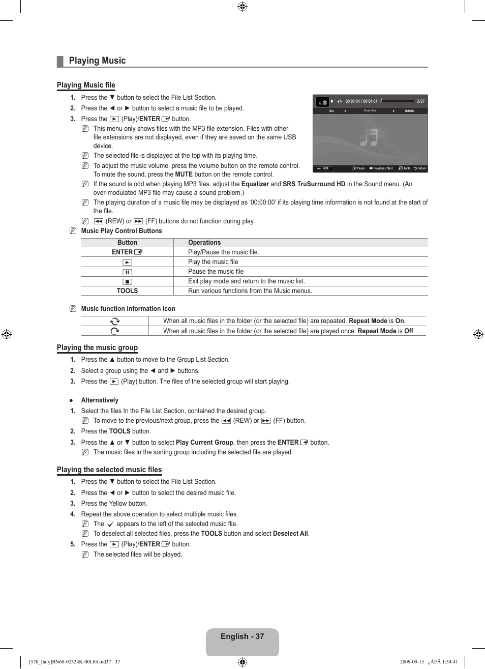 Playing music | Samsung LE46B579A5S User Manual | Page 39 / 221