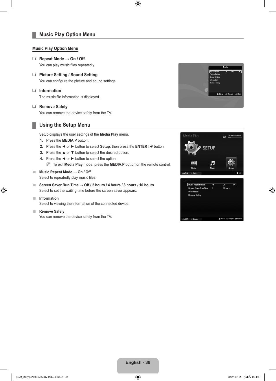 Music play option menu, Using the setup menu, Setup | English - 3, Music play option menu repeat mode → on / off, Picture setting / sound setting, Information, Remove safely | Samsung LE46B579A5S User Manual | Page 40 / 221