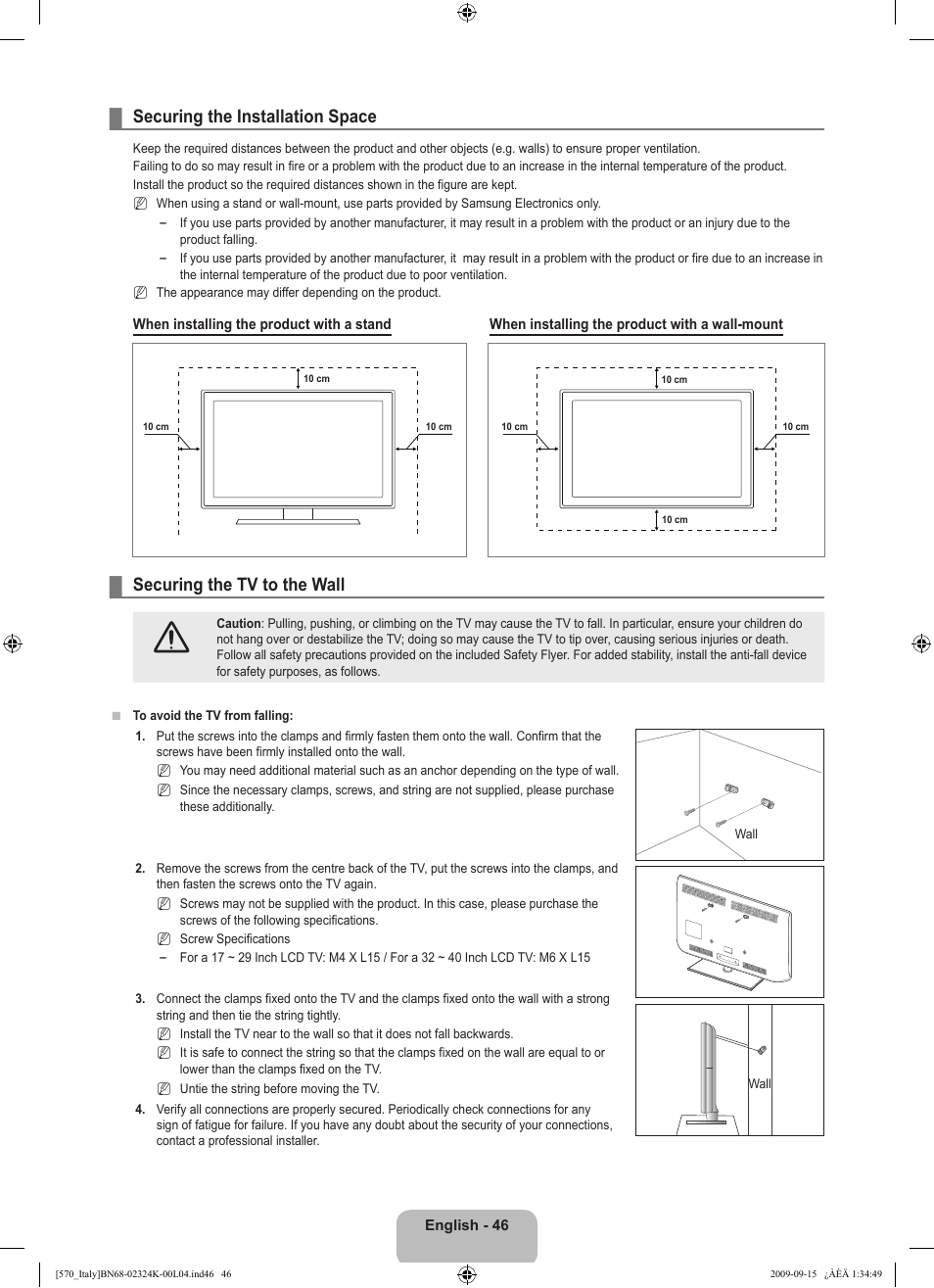 Securing the installation space, Securing the tv to the wall | Samsung LE46B579A5S User Manual | Page 48 / 221