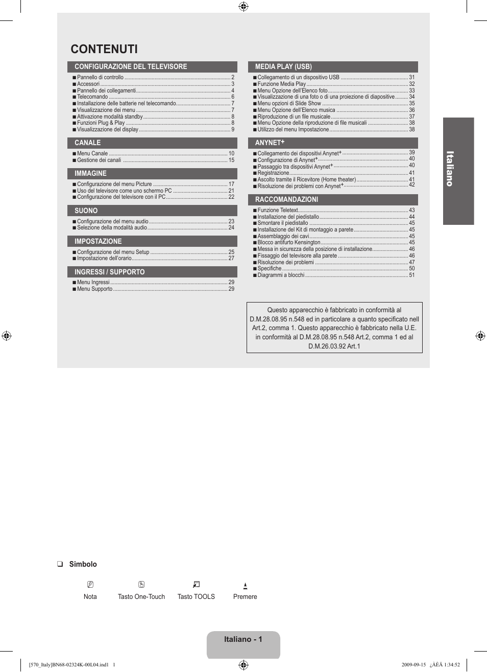 Contenuti, Italiano | Samsung LE46B579A5S User Manual | Page 67 / 221