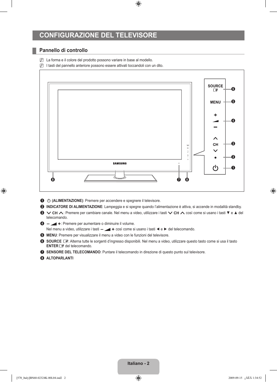Configurazione del televisore, Pannello di controllo | Samsung LE46B579A5S User Manual | Page 68 / 221