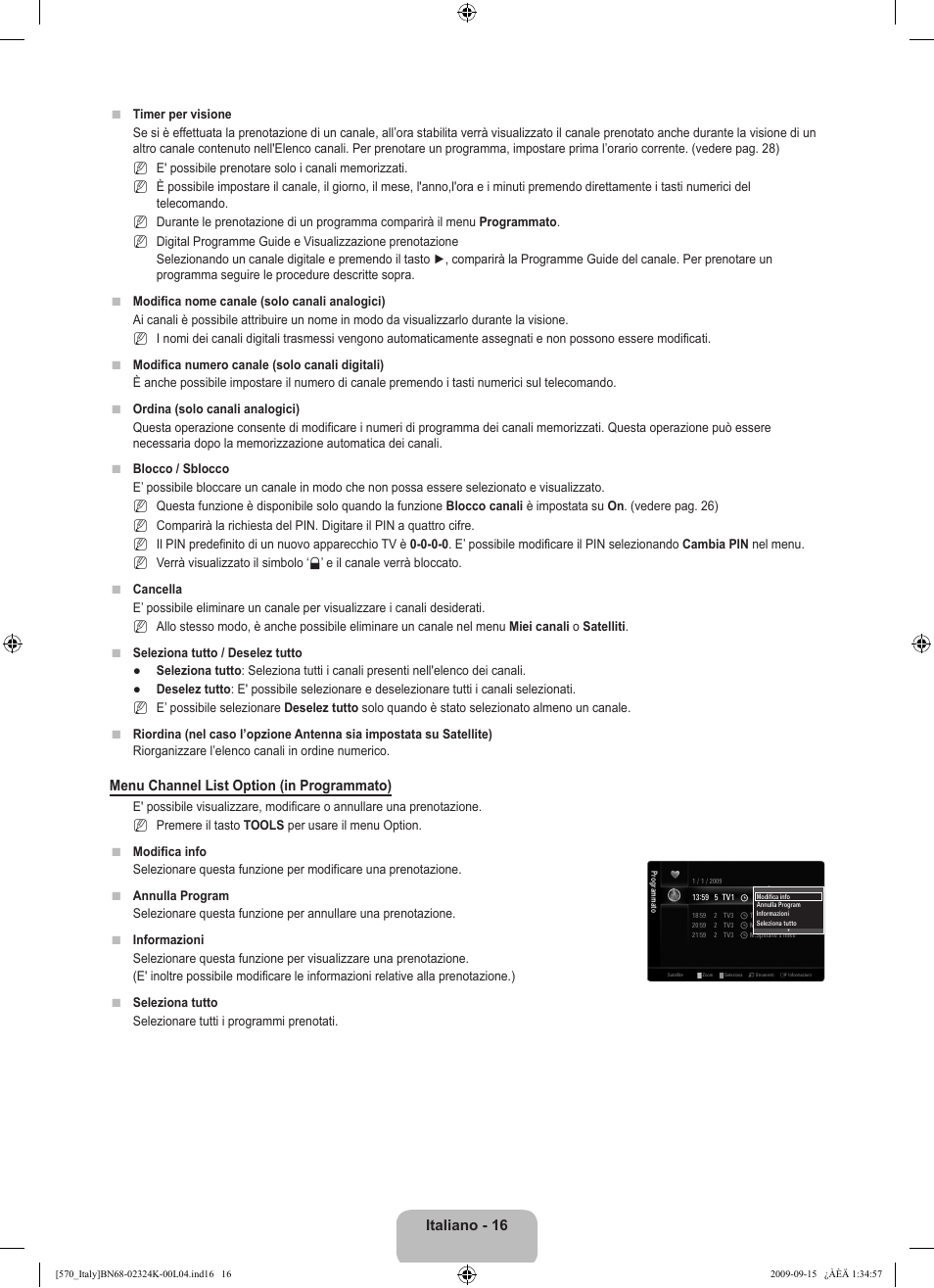 Italiano - 16, Menu channel list option (in programmato) | Samsung LE46B579A5S User Manual | Page 82 / 221